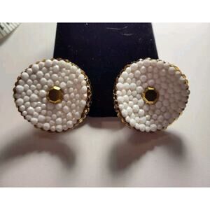 James Arpad Large Vintage Statement Clip-On Earrings White & Gold Rhinestones